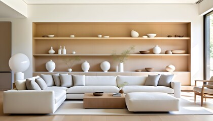 Wall Mural - Elegant minimalist living room with wood paneling and a white sofa adorned with numerous vases