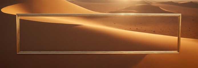 golden frame suspended in the air captures a breathtaking view of desert sand dunes bathed in warm sunlight.