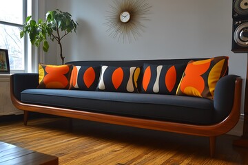 Modern sofa with colorful cushions in a stylish interior.