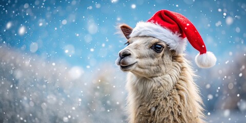 A fluffy white animal with a festive red and white hat gazes into the snowy winter wonderland.