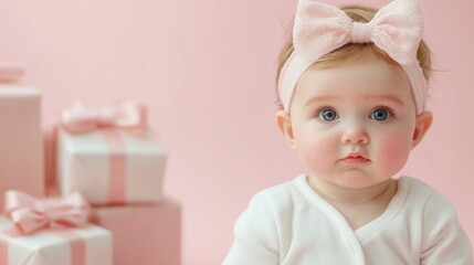 joyful baby girl surrounded by colorful gift boxes on a soft pink background, celebrating a special 