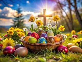 Easter Celebration with Religious Symbols and Nature, Representing Renewal, Hope, and Faith in God