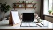 © Xavi - Modern workspace with a laptop, notepad, and coffee cup in a cozy home setting