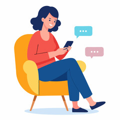 Woman with mobile phone in chair at home texting message vector illustration