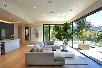 Canvas Print - Modern living room with large windows and greenery.