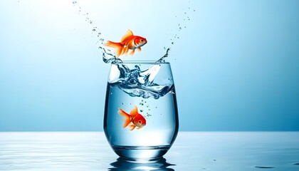 Goldfish leaping into a glass of water, representing freedom and adventure against a vibrant blue backdrop