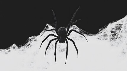 A black spider against a web-covered background, creating an eerie atmosphere.
