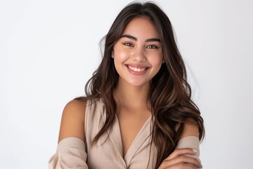 Poster - Smiling young female model with crossed arms, isolated on a white setting , background blur