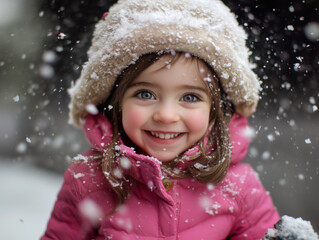 A young girl is smiling and wearing a pink coat and a white hat,She is standing in the snow and she is enjoying herself