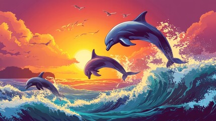 Wall Mural - three dolphins leap from the waves at sunset.