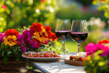 Two glasses of red wine are standing on a wooden table set for dinner in a garden