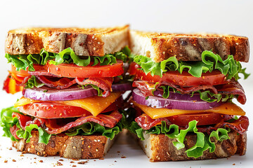 Wall Mural - Sandwich traditional bread tomato cheese and ham fried on white background isolate.