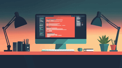 Modern Web Design and Development Workspace Vector Illustration with Coding on Monitor and Desk Setup