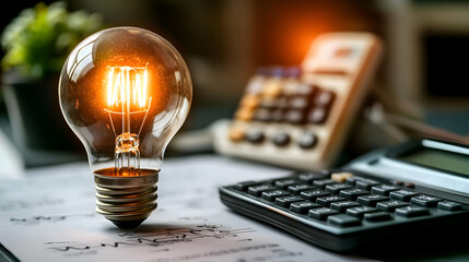 Glowing Light Bulb Illuminates Financial Documents with Calculator