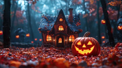 Halloween Background, Spooky Halloween house with glowing pumpkin, surrounded by autumn leaves.