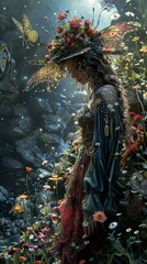 Poster - Enchanted Forest Woman with Flower Crown and Butterfly Wings