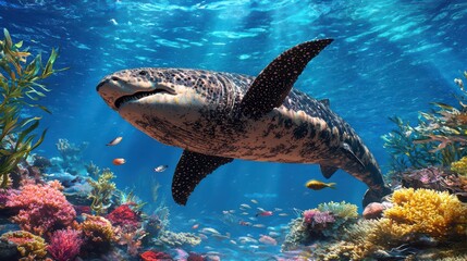 A majestic sea creature gliding gracefully through a vibrant coral reef, surrounded by colorful marine life in a crystal-clear underwater paradise.