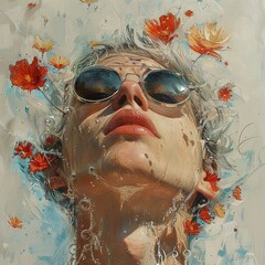 Wall Mural - Woman Underwater with Flowers and Sunglasses