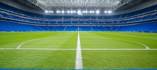 Empty Soccer Field, Lush Green Grass, Modern Stadium, Blue Seats, Metal Roof, Sports Photography