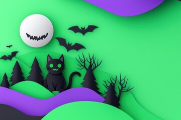 Colorful Halloween-themed scene featuring a cute black cat, bats, and a moon in a whimsical paper-cut style. Perfect for festive decorations.