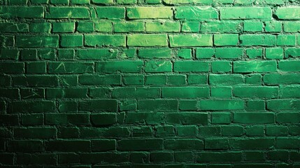 Green brick wall background, green color, neon light, texture.