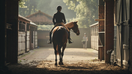 leading a horse out of the stable in the early morning light at a serene equestrian center