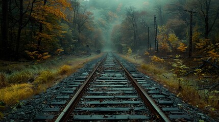 Poster - Mystical Railroad Tracks Through Foggy Forest