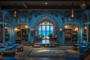 Wall Mural - Cozy coastal living room with blue decor and ocean view.