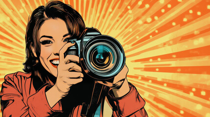 Wall Mural - A paparazzi photographer is snapping pictures with their camera. A reporter smiles, looking right out of a retro pop art scene.