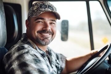 Truck driver sitting in the cabin of semi-truck.