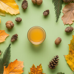 A glass of juice is artistically centered among scattered autumn leaves and pine cones on a green surface, evoking a sense of seasonal transition and nature's bounty.