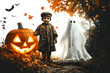 © john - illustration vintage Halloween kid and ghost clipart on isolated transparent background