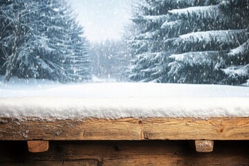 Wall Mural - dirty old wooden table place of snow and trees of snow place