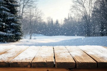 Wall Mural - dirty old wooden table place of snow and trees of snow place