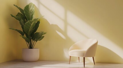 Wall Mural - Cozy chair and plant in a sunlit yellow room.