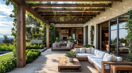 Outdoor patio with a wooden pergola, garden greenery, and comfortable seating, clear windows visible, offering a cozy, inviting atmosphere