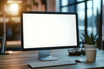 Wall Mural - mock up of blank computer screen on a wooden table