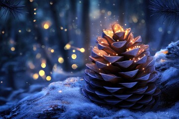 Canvas Print - Illuminated Pine Cone in a Blue Winter Forest