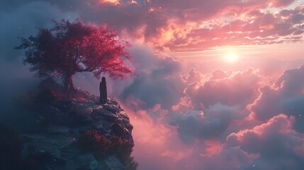 Wall Mural - Woman Silhouette on Clifftop at Sunset with Pink Clouds