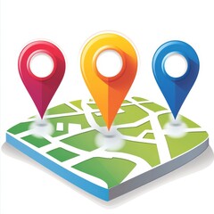 Three Colorful Location Pins on a City Map, Concept for Navigation, Travel, and Finding Places.