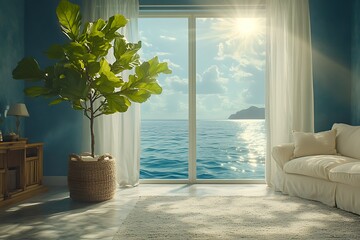 Wall Mural - Serene coastal living room with ocean view.