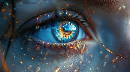 Wall Mural - Close Up of a Blue Eye with Golden Water Drops