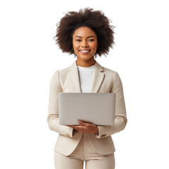 Wall Mural - Portrait Africa businesswoman wearing eyeglasses holding silver laptop isolated  transparency