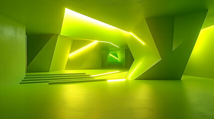 Wall Mural - abstract 3d green room with glowing neon lights and geometric shapes, modern interior design with a 