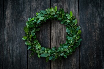 Wall Mural - Green Leaf Wreath on Dark Wood Background