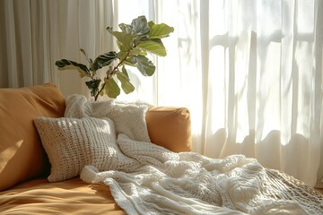 Wall Mural - Cozy living space with a blanket and plant by the window.