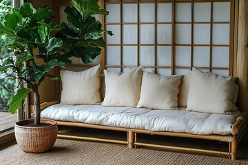 Wall Mural - Minimalist seating area with a plant for relaxation.