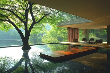 Wall Mural - Serene indoor space with a large tree and reflective water.