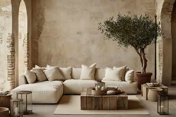 Wall Mural - Cozy living space with neutral tones and greenery.