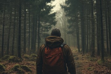 Poster - A lone hiker walks through a misty forest